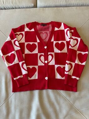Women’s Red Heart-Print V-Neck Cardigan Sweater